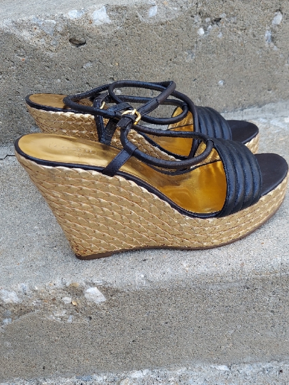 Coach Size 10 Black Strappy Wedge Sandals with Gold Natural Woven Platform
